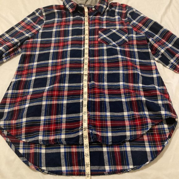 Socialite Red and Blue Plaid Flannel Button Down with Grey Hoodie - Picture 2 of 9